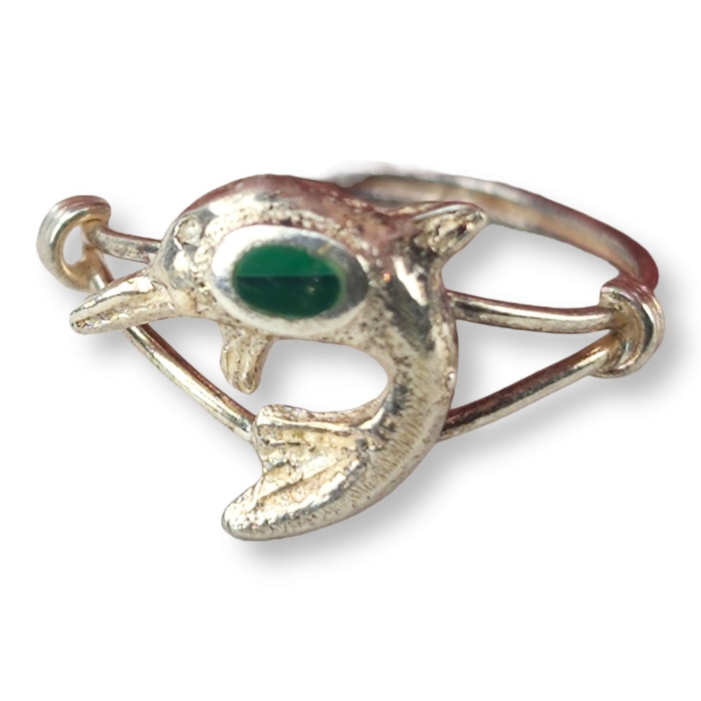 Tiny Vintage Sterling Silver 925 Green Stone‎ Dolphin Ring Size 4.5
